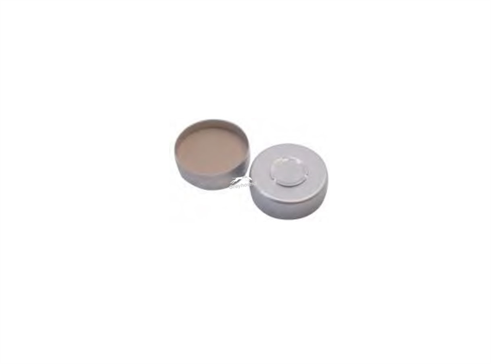 Picture of 20mm Aluminium Centre Tear Off Crimp Cap (Silver), with Pre-fitted Beige PTFE/White Silicone Septa, 3mm, (Shore A 45)